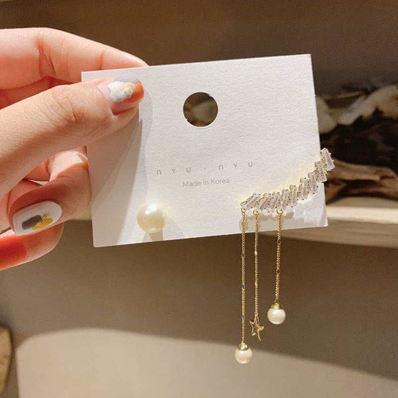 925 Silver Needle Zircon Earrings Long Tassel Ear Cuff