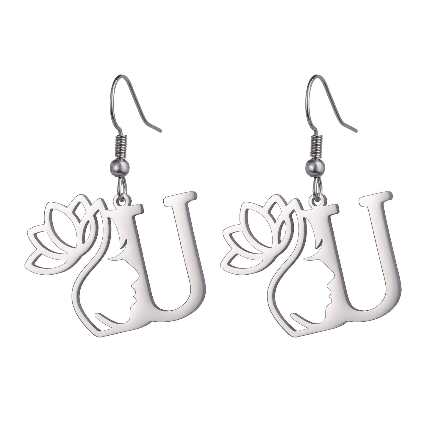 Lotus Letter Pendant Earrings A- Z Initial Stainless Steel Women's Earrings
