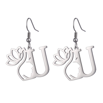 Lotus Letter Pendant Earrings A- Z Initial Stainless Steel Women's Earrings
