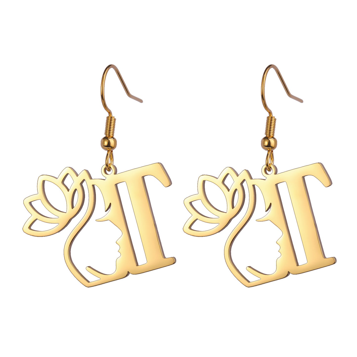 Lotus Letter Pendant Earrings A- Z Initial Stainless Steel Women's Earrings