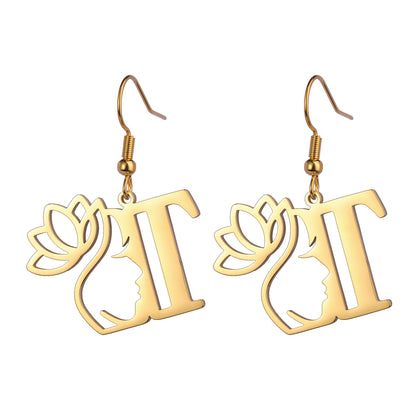 Lotus Letter Pendant Earrings A- Z Initial Stainless Steel Women's Earrings