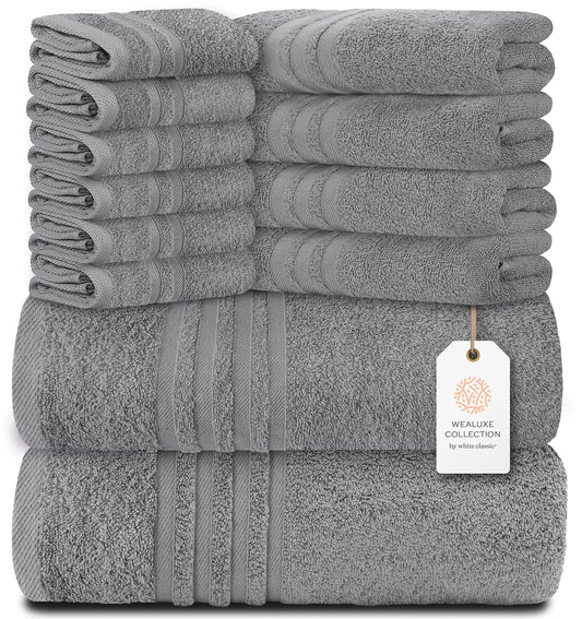 12 Pcs Bath Towel Set for Bathroom Wealuxe Collection 100% Cotton Light Gray