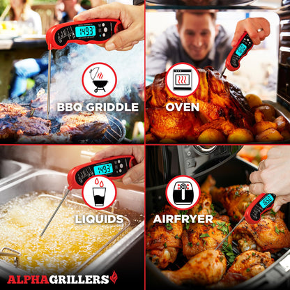 Alpha Grillers Instant Read Meat Thermometer for Cooking Grill and BBQ Griddle - Waterproof w/Backlight & Calibration for Food, Oven, Air Fryer Accessories, Kitchen Essentials, Stocking Stuffer Gifts