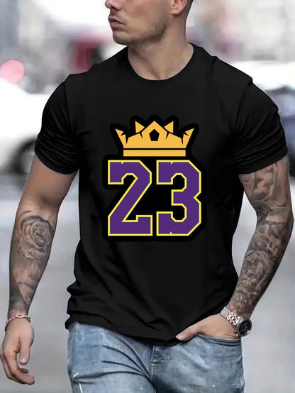 23 Printed T-shirt, Men's Casual Street Style Elastic Round Neck T-shirt, Suitable For Spring And Summer Wear