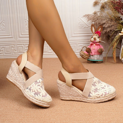 Wedge Straw Mesh Embroidered Retro Women's Fashion Shoes