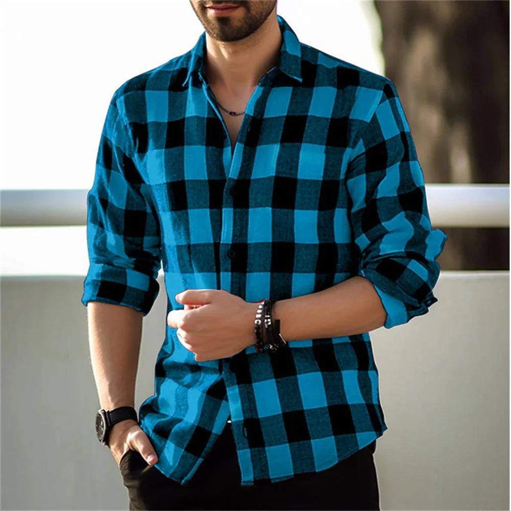 European And American Long Sleeve Loose 3D Personalized Printed Plaid Design Striped Shirt