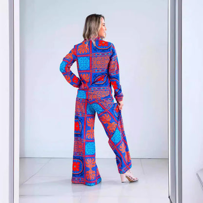 Casual Blue Printed Lace Up Wide Leg Pants Suit