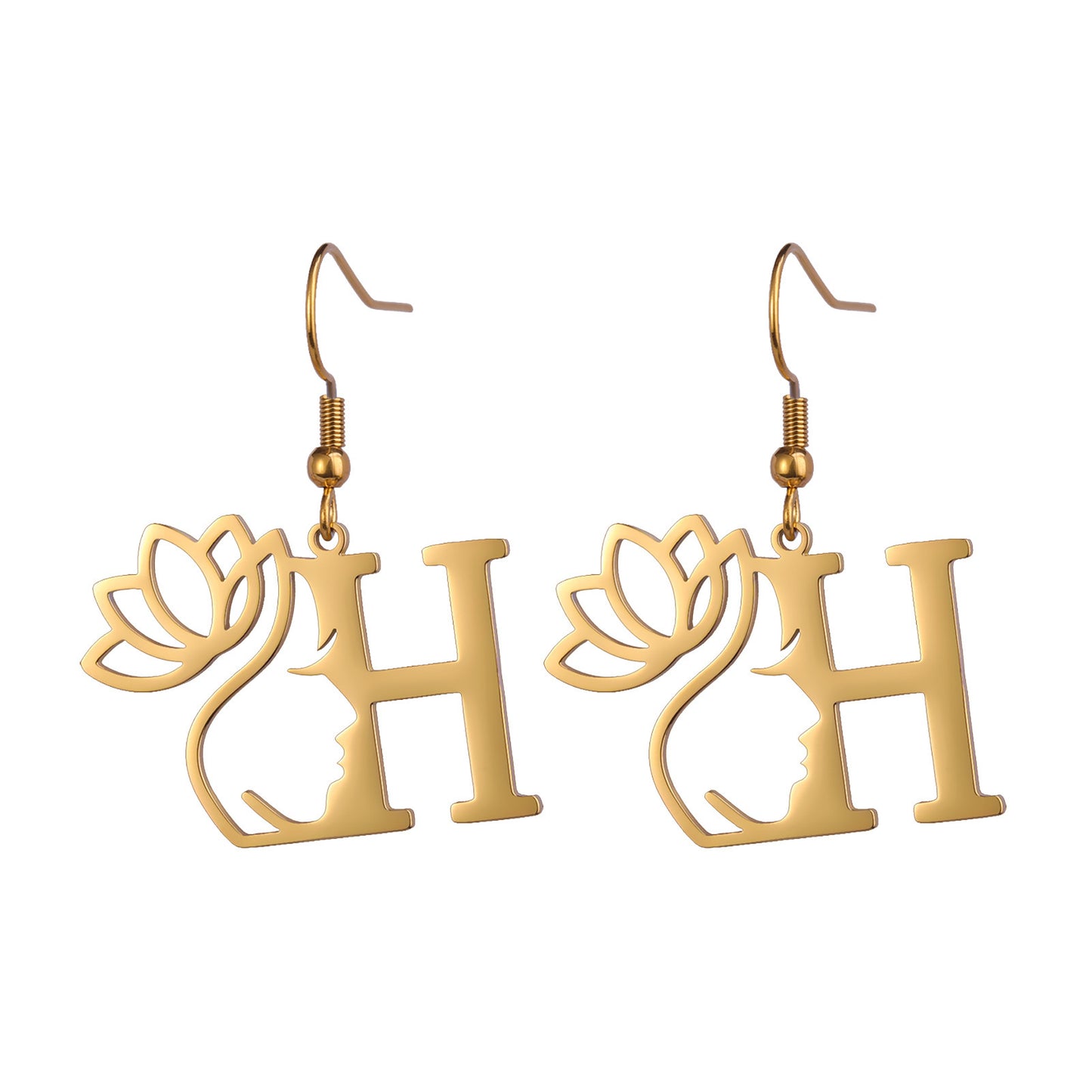 Lotus Letter Pendant Earrings A- Z Initial Stainless Steel Women's Earrings