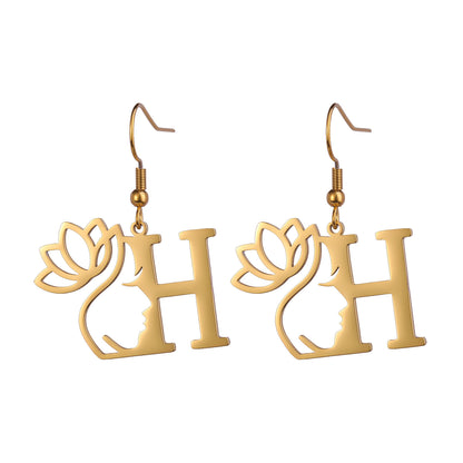 Lotus Letter Pendant Earrings A- Z Initial Stainless Steel Women's Earrings