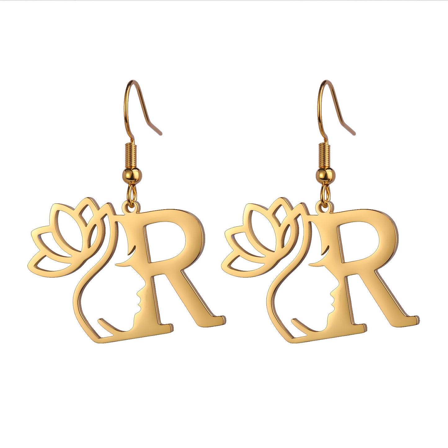 Lotus Letter Pendant Earrings A- Z Initial Stainless Steel Women's Earrings