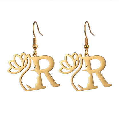 Lotus Letter Pendant Earrings A- Z Initial Stainless Steel Women's Earrings