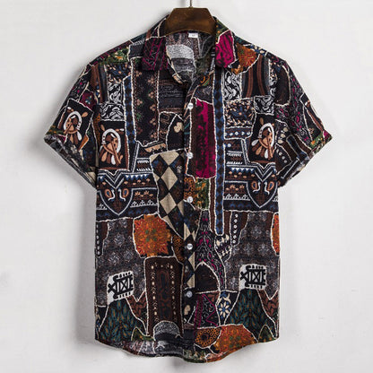 Men's Summer New Fashion Short-sleeved Linen Indian Ethnic Fashion Flower Shirt