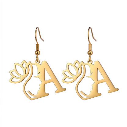 Lotus Letter Pendant Earrings A- Z Initial Stainless Steel Women's Earrings