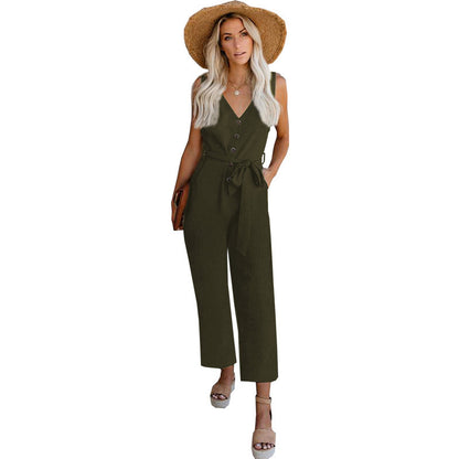 Casual Wide Leg Pants Waist Tie Jumpsuit