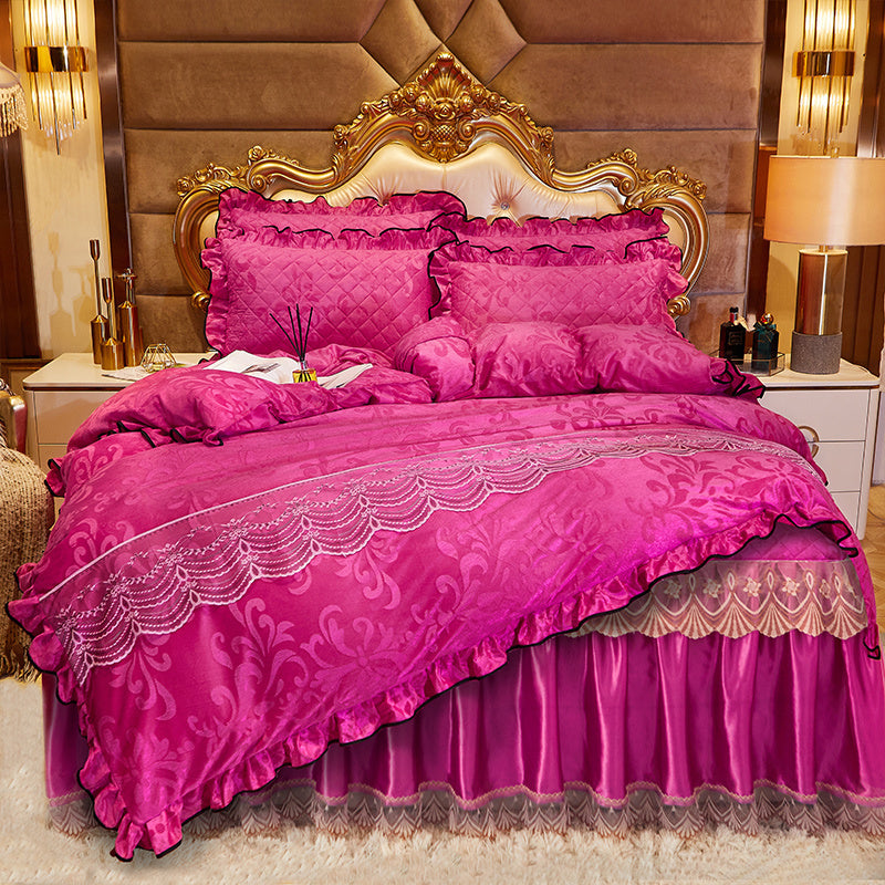 Lace Velvet Bed Skirt Four-piece Quilted