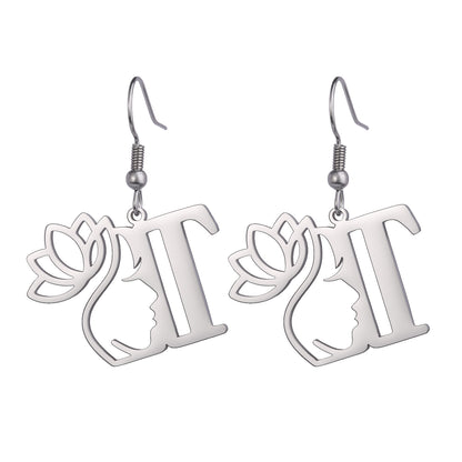 Lotus Letter Pendant Earrings A- Z Initial Stainless Steel Women's Earrings