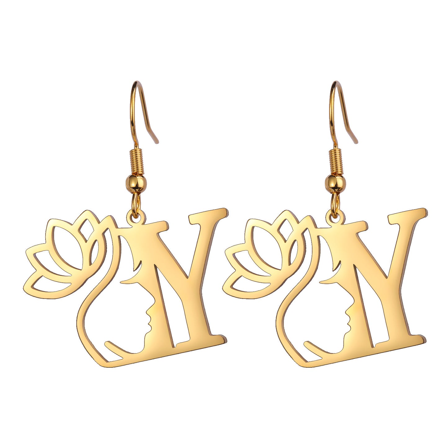 Lotus Letter Pendant Earrings A- Z Initial Stainless Steel Women's Earrings
