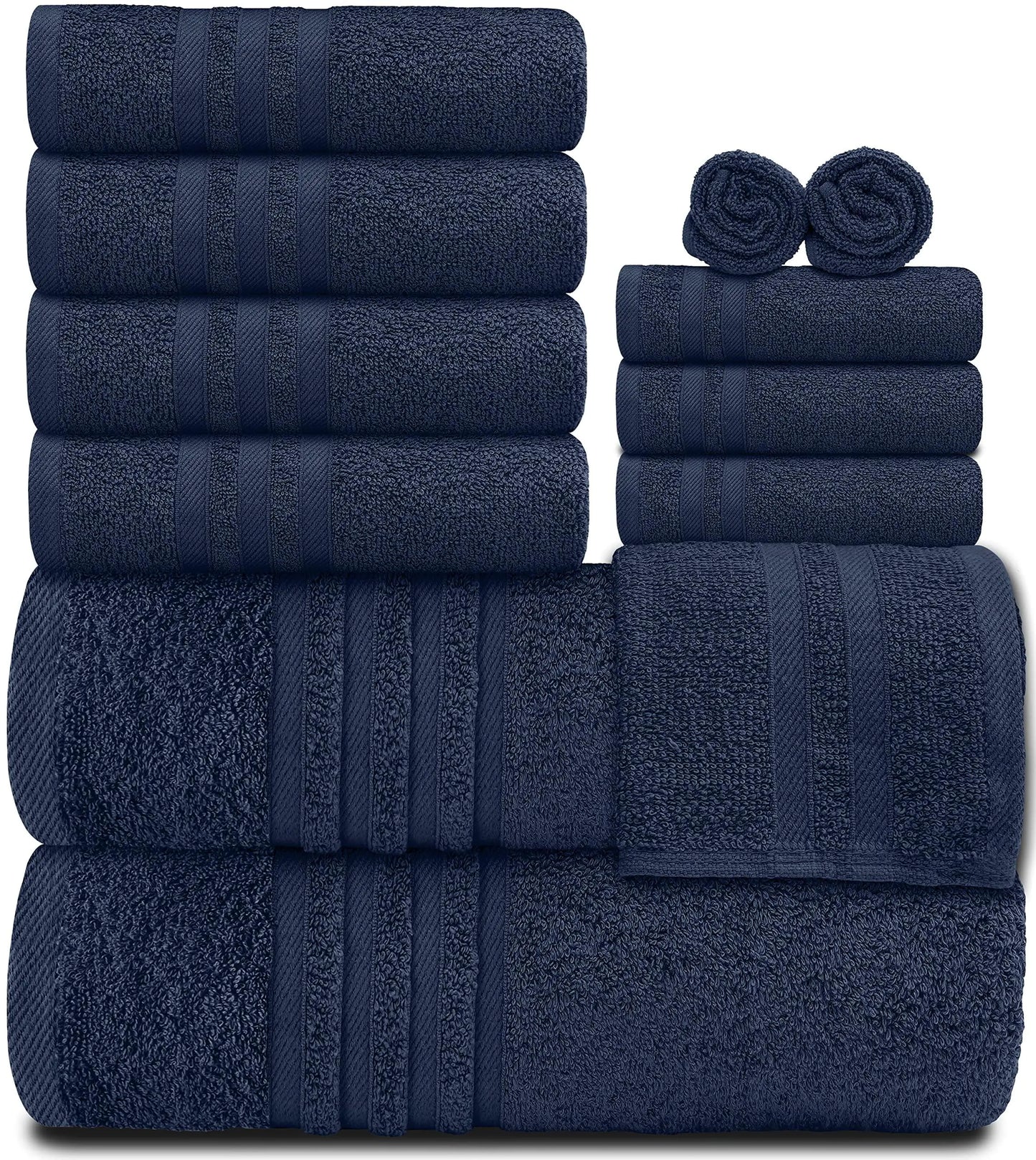 12 Pcs Bath Towel Set for Bathroom Wealuxe Collection 100% Cotton Soft Navy Blue