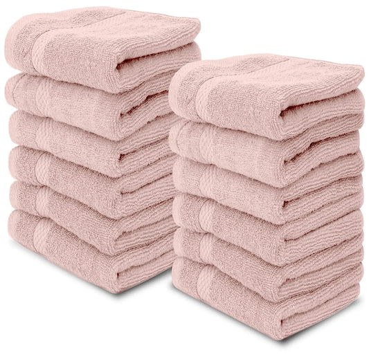 Luxury Cotton Washcloths Large Hotel Bathroom Face Towel 12 Pack Pink 13x13 in