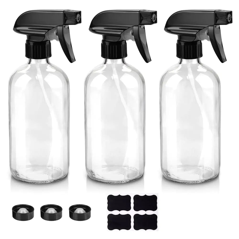 Glass Spray Bottles, 16oz Clear Glass Spray Bottles with Labels & Adjustable Nozzle, Reusable Containers for Cleaning, BBQ, Food, Plants, Alcohol, Essential Oils(3 Pack) 3 Pack