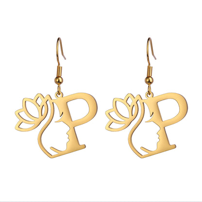 Lotus Letter Pendant Earrings A- Z Initial Stainless Steel Women's Earrings