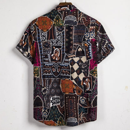 Men's Summer New Fashion Short-sleeved Linen Indian Ethnic Fashion Flower Shirt