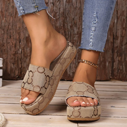 Print Thick-soled Flat Slippers Summer Fashion Casual Outdoor Beach Shoes For Women