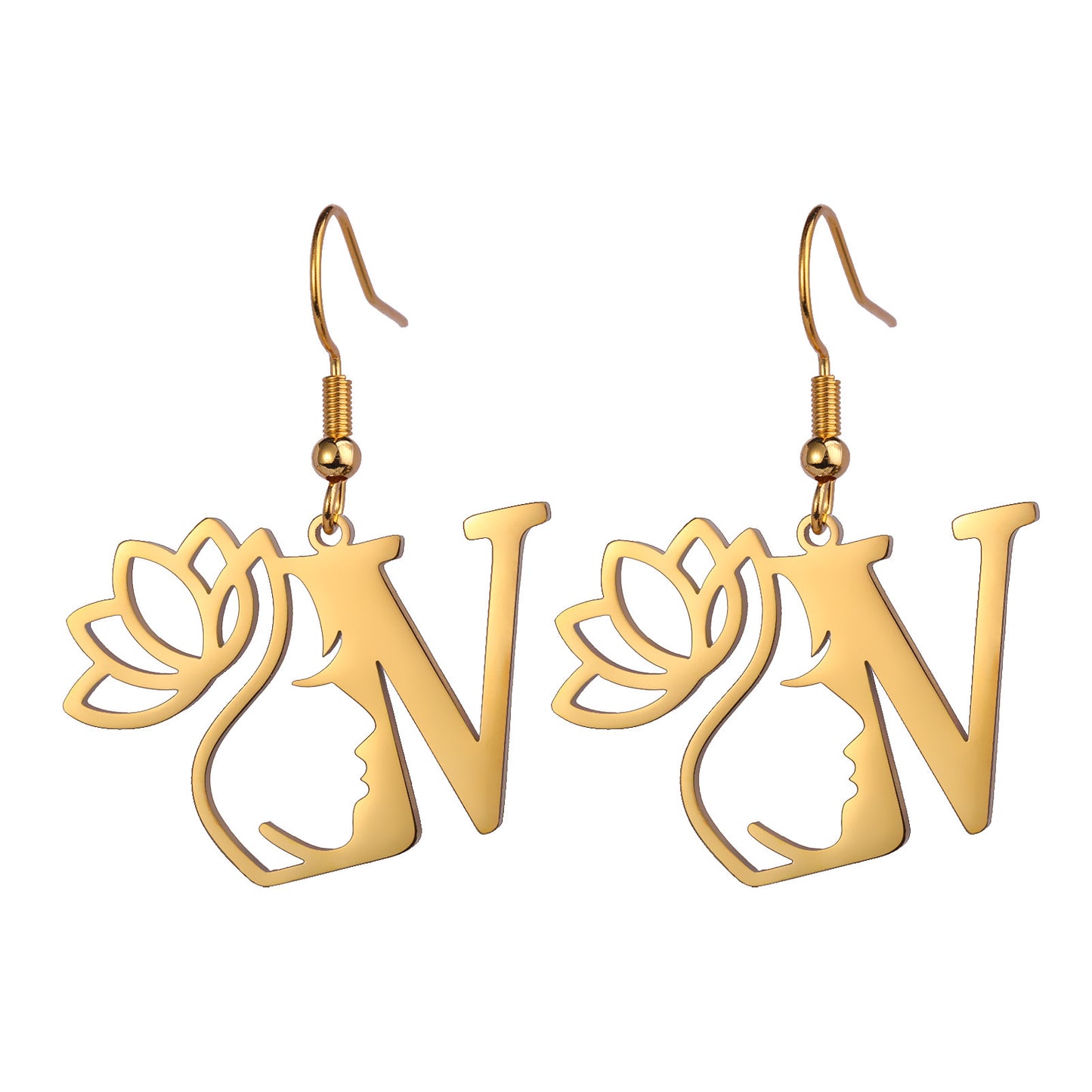 Lotus Letter Pendant Earrings A- Z Initial Stainless Steel Women's Earrings