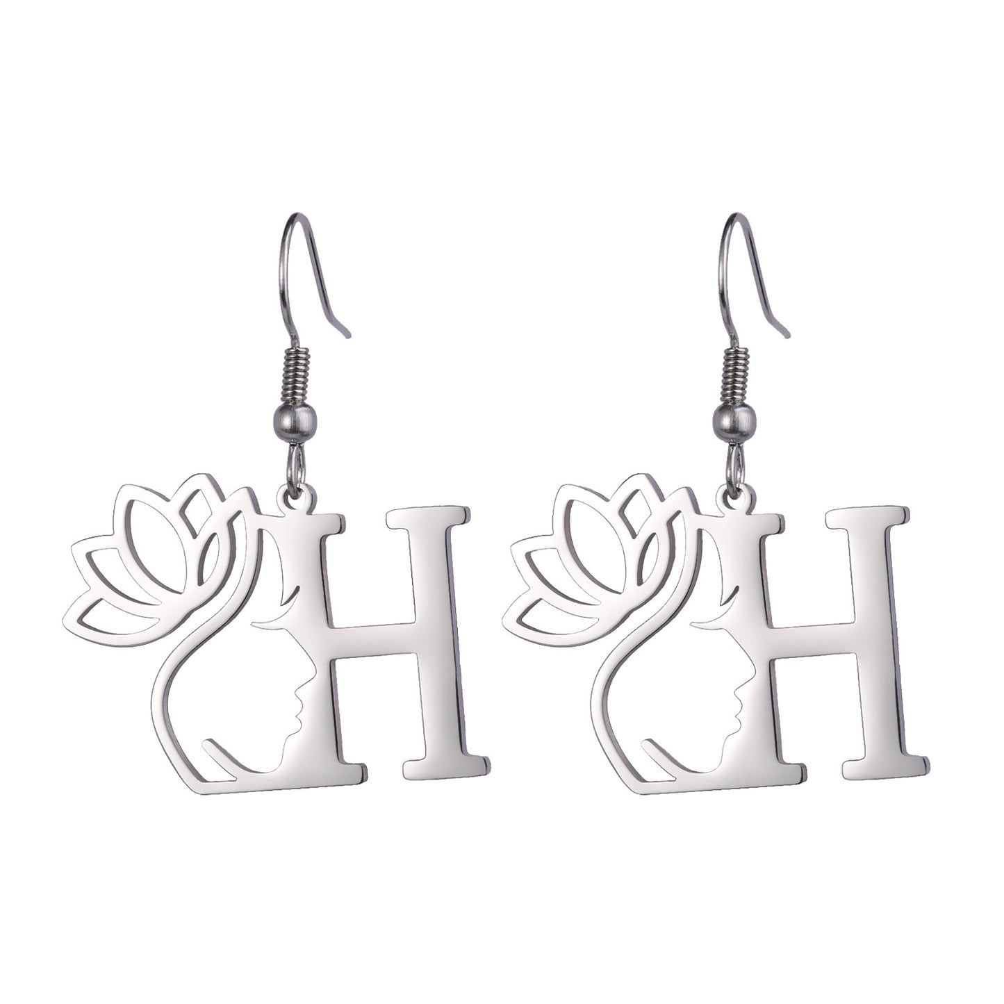 Lotus Letter Pendant Earrings A- Z Initial Stainless Steel Women's Earrings