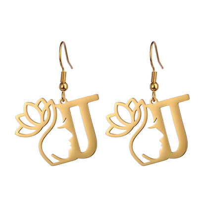 Lotus Letter Pendant Earrings A- Z Initial Stainless Steel Women's Earrings