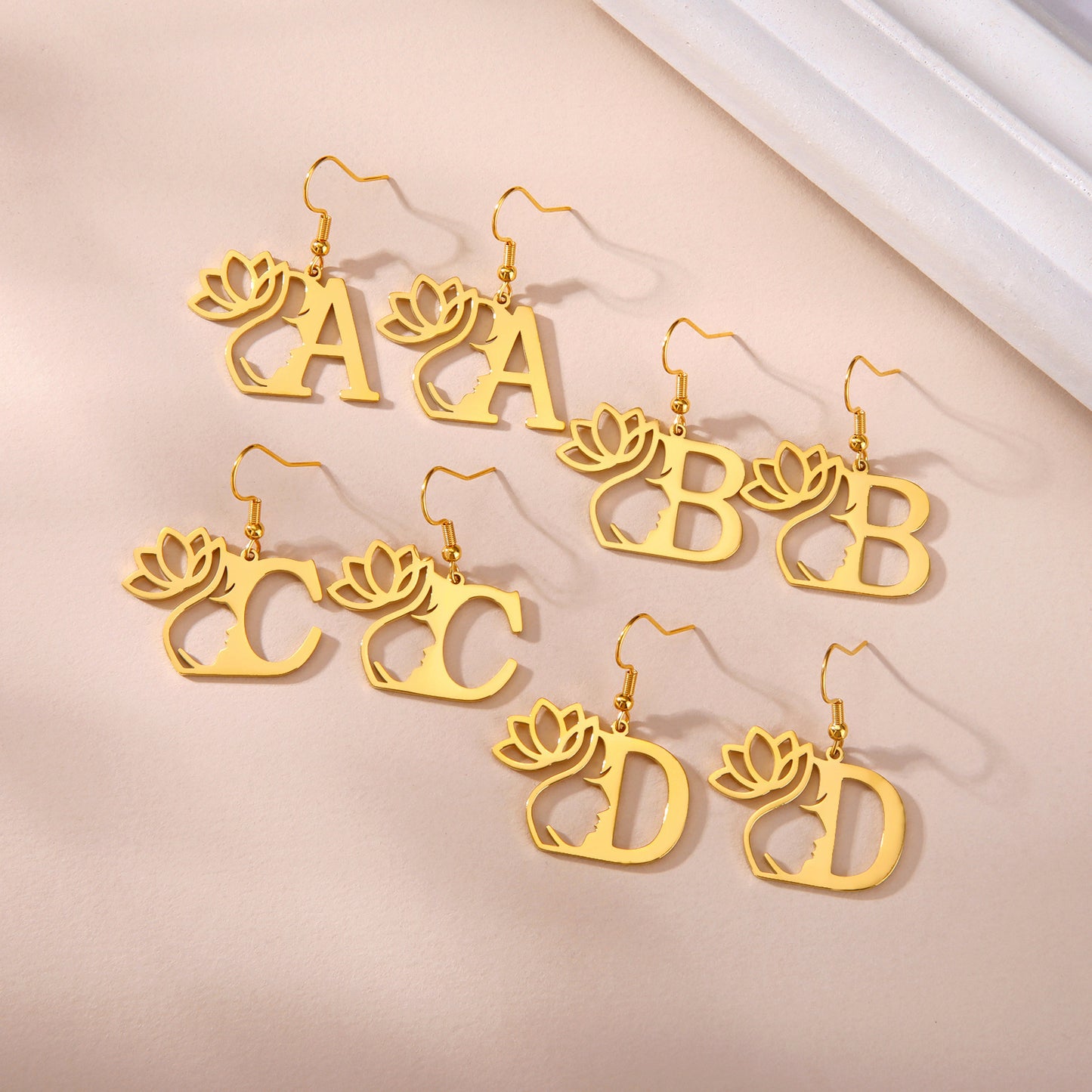 Lotus Letter Pendant Earrings A- Z Initial Stainless Steel Women's Earrings