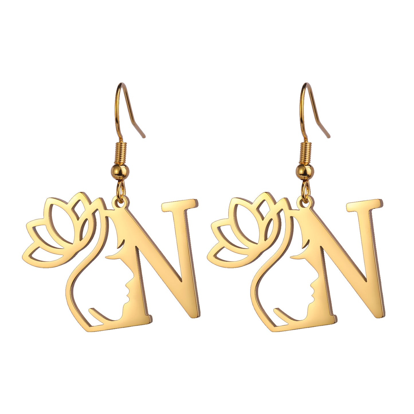 Lotus Letter Pendant Earrings A- Z Initial Stainless Steel Women's Earrings