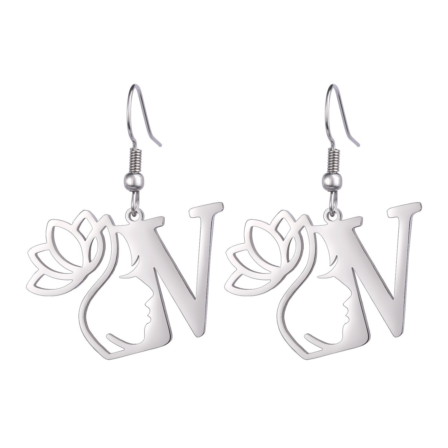 Lotus Letter Pendant Earrings A- Z Initial Stainless Steel Women's Earrings