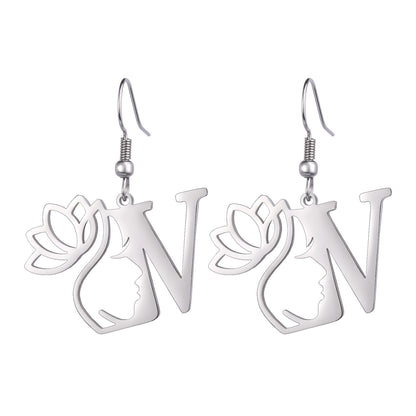 Lotus Letter Pendant Earrings A- Z Initial Stainless Steel Women's Earrings