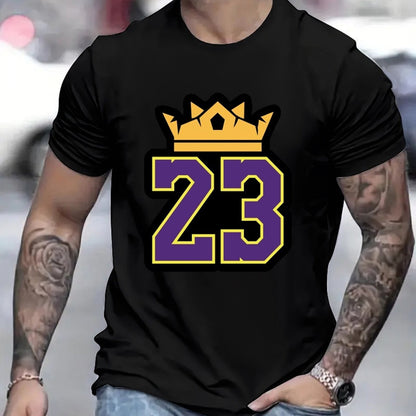 23 Printed T-shirt, Men's Casual Street Style Elastic Round Neck T-shirt, Suitable For Spring And Summer Wear