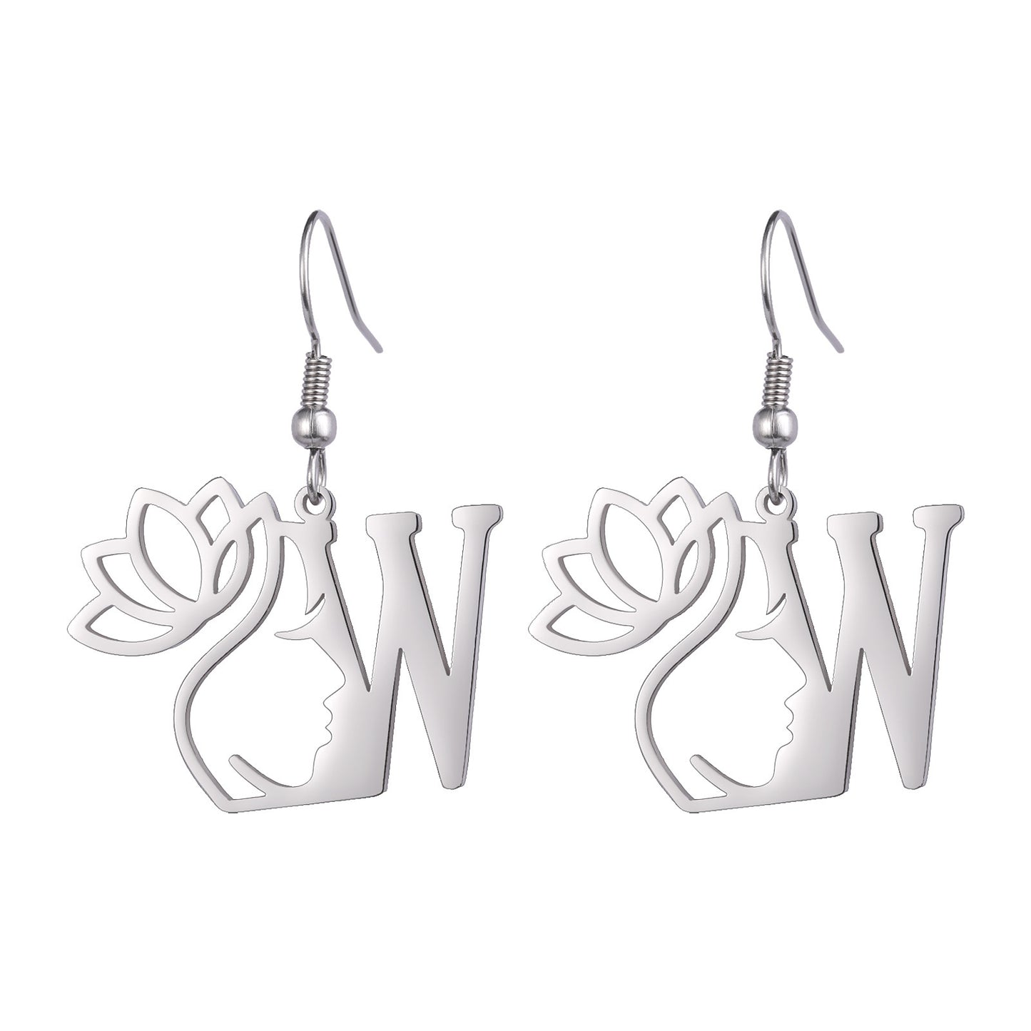 Lotus Letter Pendant Earrings A- Z Initial Stainless Steel Women's Earrings