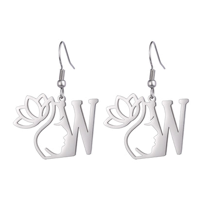 Lotus Letter Pendant Earrings A- Z Initial Stainless Steel Women's Earrings