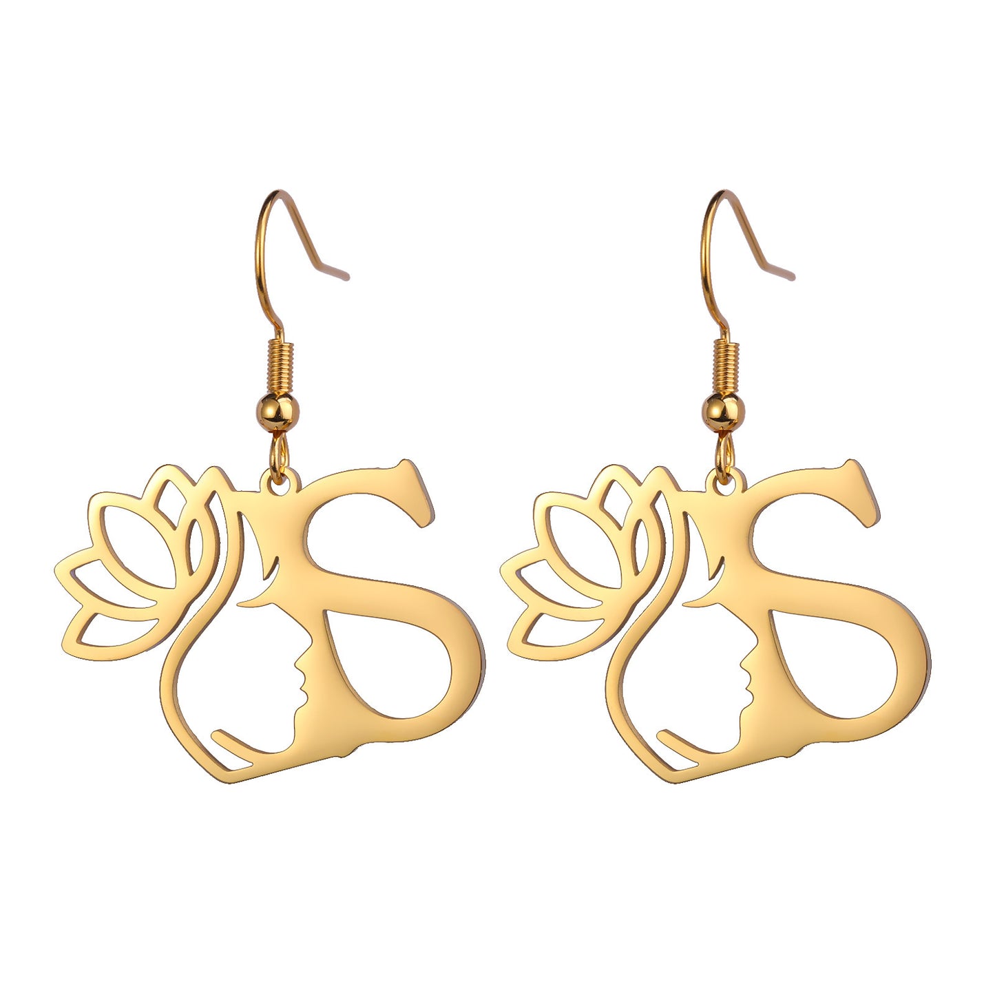 Lotus Letter Pendant Earrings A- Z Initial Stainless Steel Women's Earrings