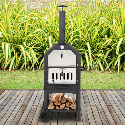 Freestanding Carbon Grill With Chimney, Wheels, Pizza Stone, And Pizza Shovel