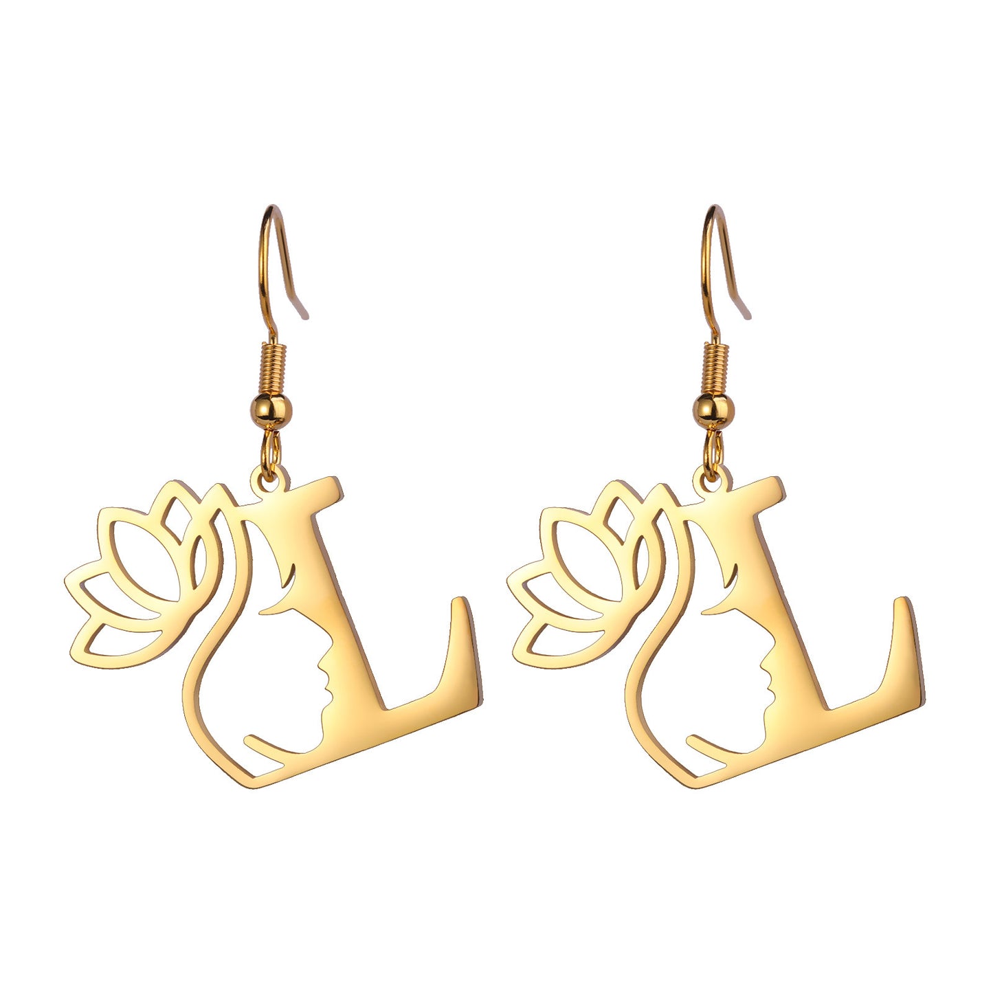 Lotus Letter Pendant Earrings A- Z Initial Stainless Steel Women's Earrings