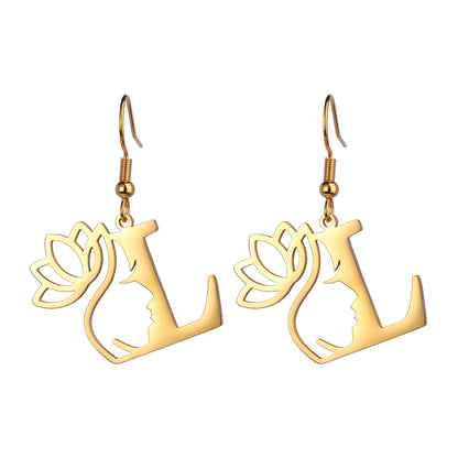 Lotus Letter Pendant Earrings A- Z Initial Stainless Steel Women's Earrings