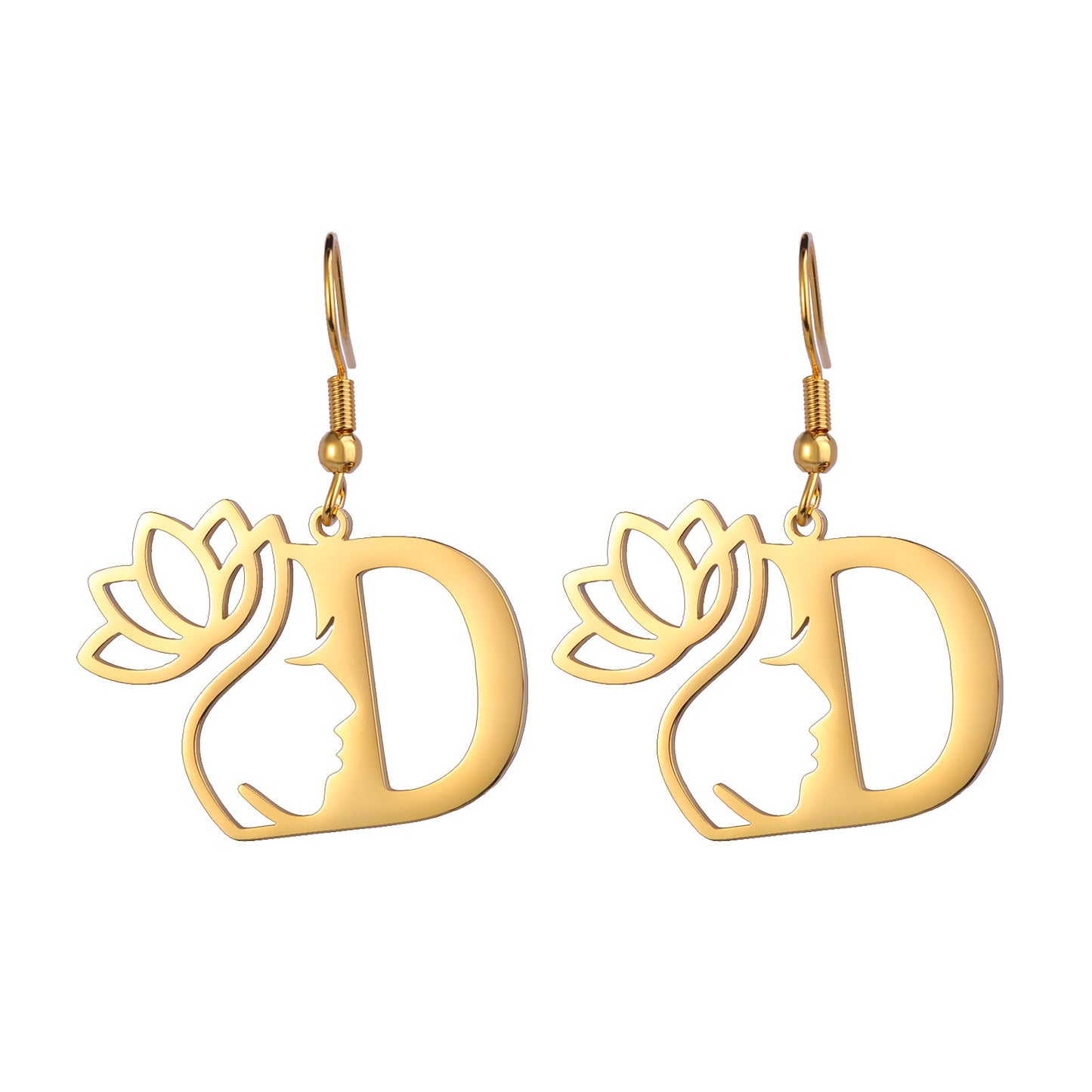 Lotus Letter Pendant Earrings A- Z Initial Stainless Steel Women's Earrings