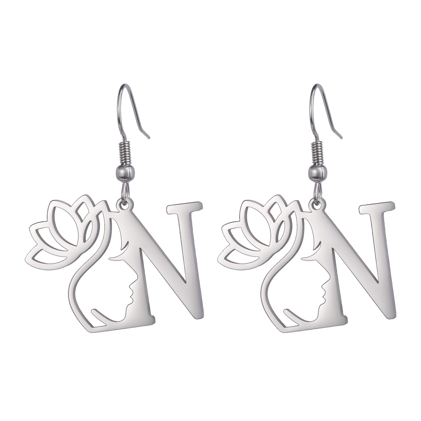 Lotus Letter Pendant Earrings A- Z Initial Stainless Steel Women's Earrings