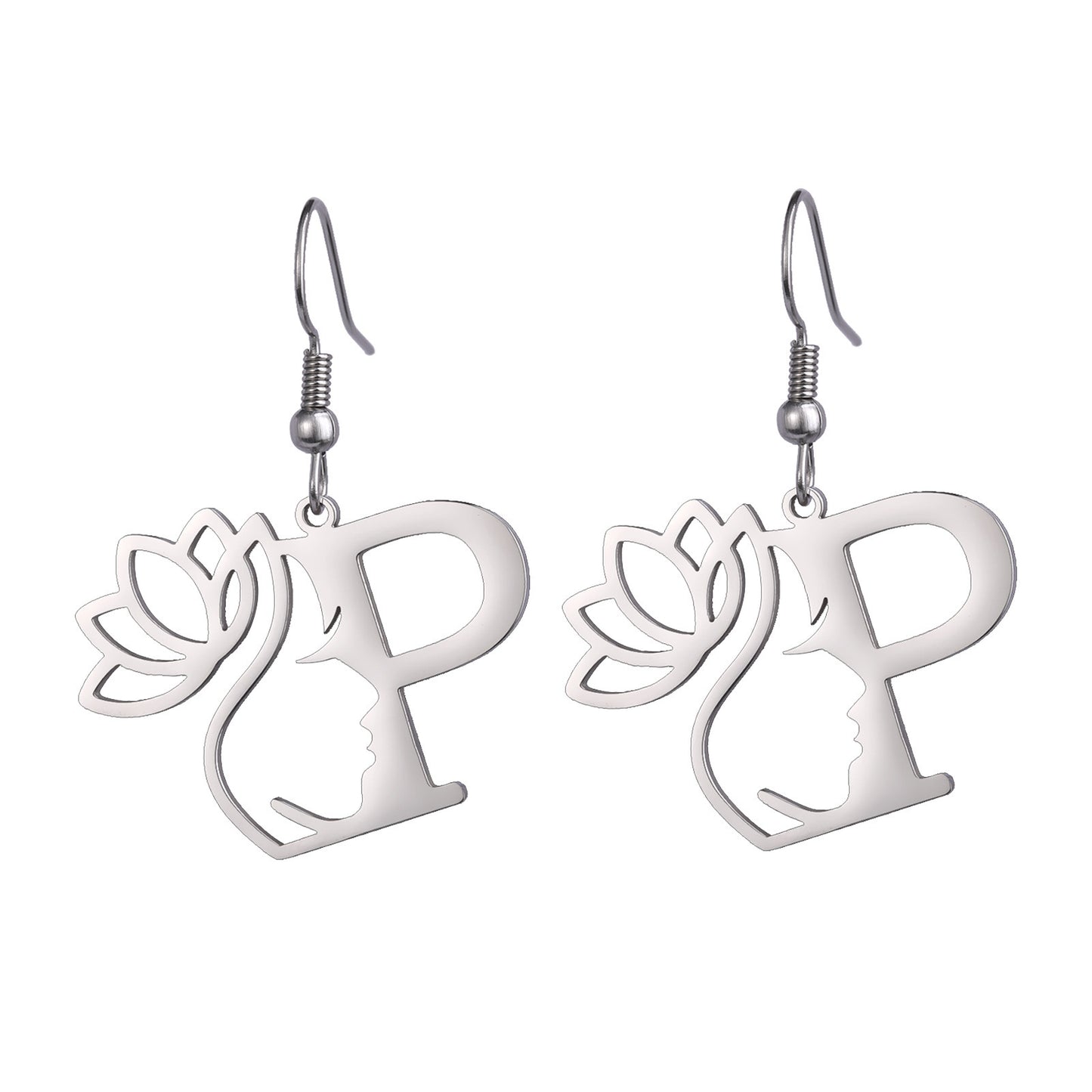 Lotus Letter Pendant Earrings A- Z Initial Stainless Steel Women's Earrings