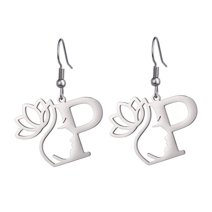 Lotus Letter Pendant Earrings A- Z Initial Stainless Steel Women's Earrings