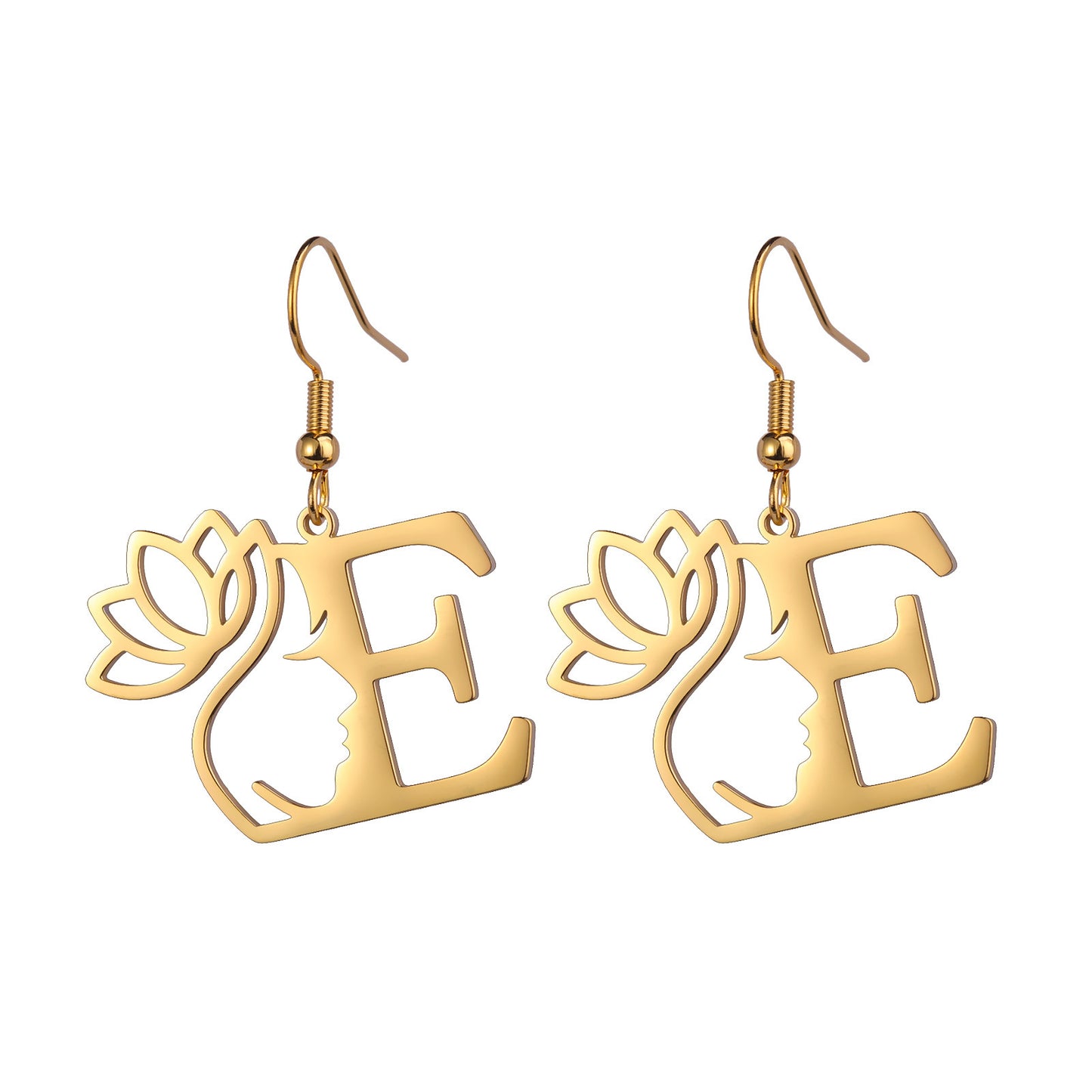 Lotus Letter Pendant Earrings A- Z Initial Stainless Steel Women's Earrings