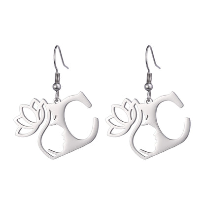 Lotus Letter Pendant Earrings A- Z Initial Stainless Steel Women's Earrings