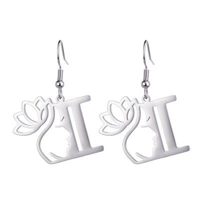 Lotus Letter Pendant Earrings A- Z Initial Stainless Steel Women's Earrings