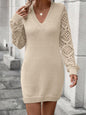 New V-neck Knitted Dress Fashion Solid Color Hollow Long-sleeved Sweater Dresses Women's Clothing