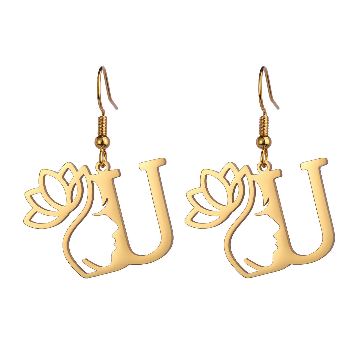 Lotus Letter Pendant Earrings A- Z Initial Stainless Steel Women's Earrings